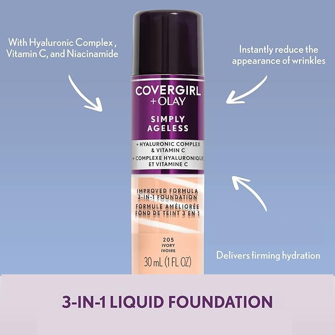 COVERGIRL & Olay Simply Ageless 3-in-1 Liquid Foundation, Matte Finish, Hyaluronic & Vitamin C Formula, 225 Buff Beige, 1 Count