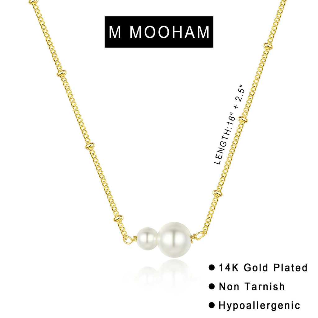 M MOOHAM Gold Necklace for Women Non Tarnish - Dainty 14K Gold Plated Beaded Chain Small Pendant Necklaces Simple Pearl Circle Beads Teardrop Pendant Necklace for Women Trendy Jewelry Gifts