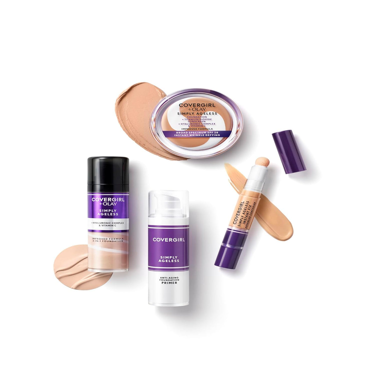 COVERGIRL & Olay Simply Ageless 3-in-1 Liquid Foundation, Matte Finish, Hyaluronic & Vitamin C Formula, 225 Buff Beige, 1 Count