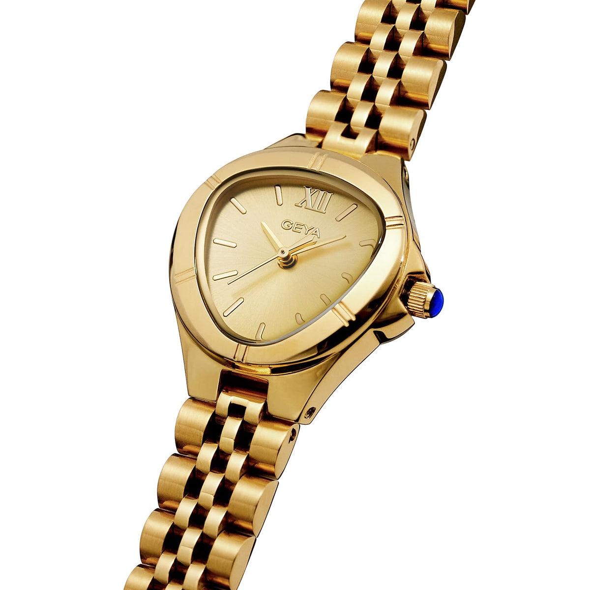 GeYa Vintage Gold Watches for Women Dainty Ladies Quartz Wristwatch,316L Stainless Steel Bracelet for Small Wrist,3ATM Waterproof,Triangle Shape,Birthday Gifts,with Tools,24.5mm