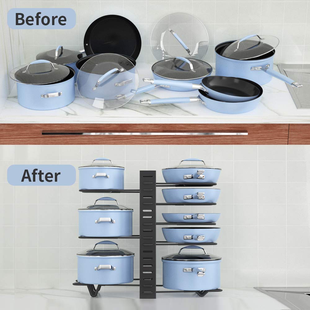 Felibeaco Adjustable Pots and Pans Organizer Rack for Cabinet, Metal Pans Pots Lids Storage Holder Rack with 3 DIY Methods for Kitchen, Counter,Black