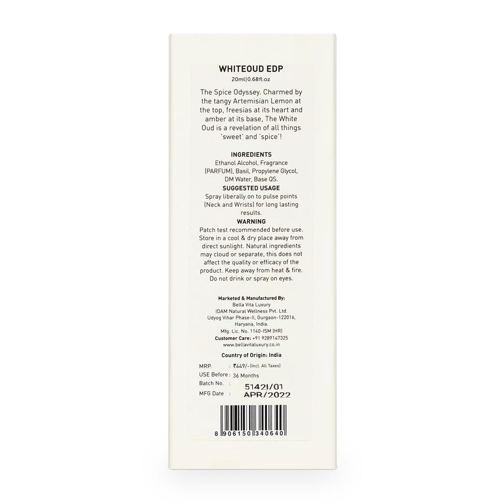 Bellavita Luxury WHITE OUD Eau de Parfum | 20 ml (0.7 fl.oz.) | Travel Size Perfume for Men and Women | Fruity, Artemisia Lemon, Freesia, and Tobacco Notes | Long Lasting Unisex Fragrance