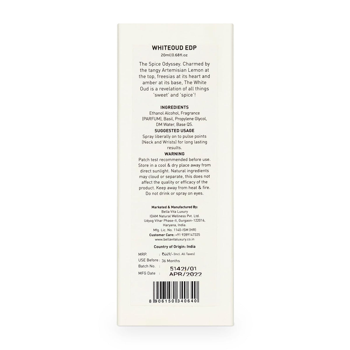 Bellavita Luxury WHITE OUD Eau de Parfum | 20 ml (0.7 fl.oz.) | Travel Size Perfume for Men and Women | Fruity, Artemisia Lemon, Freesia, and Tobacco Notes | Long Lasting Unisex Fragrance