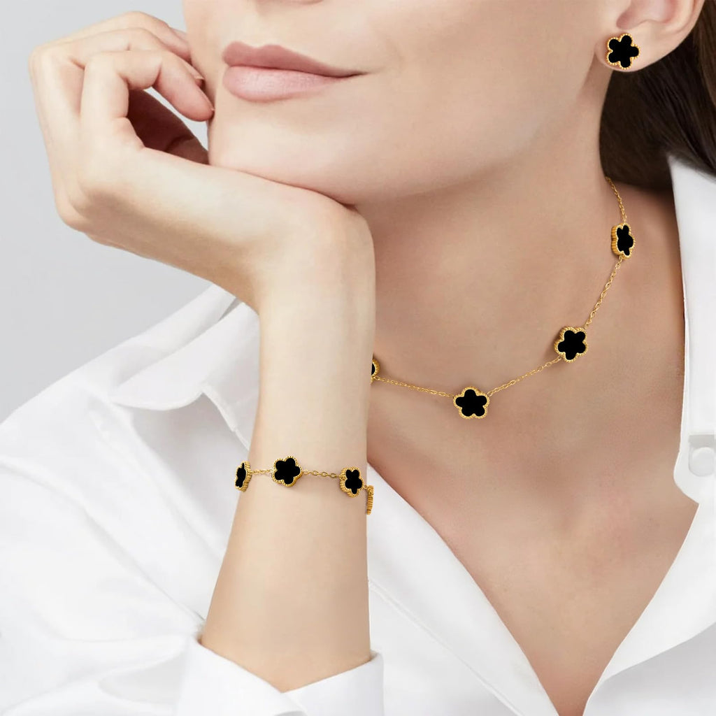 Gold Necklaces Bracelets Earring Set - 18K Gold Plated Flower Bracelet Chain,Stainless Steel Non Tarnish Floral Pendant Stud Jewelry Sets,Christmas Birthday Lucky Gift for Mom Wife Daughter Girlfriend