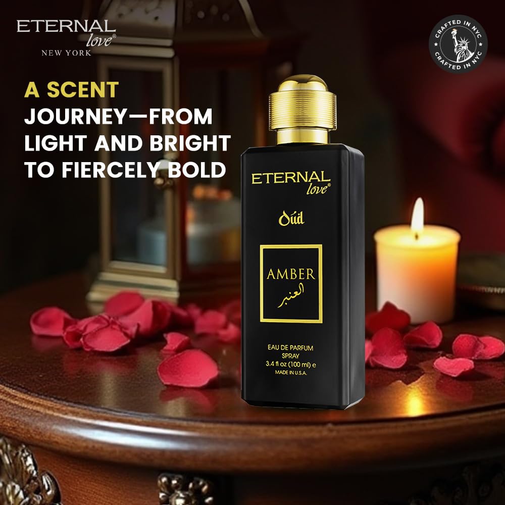 Eternal Love Amber Oud - Long Lasting Unisex Eau de Parfum - Warm Woody Oriental Fragrance with Oud & Amber - Dubai Inspired Arabic Scent - 3.4oz