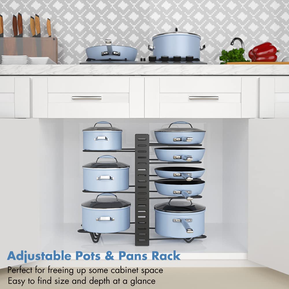 Felibeaco Adjustable Pots and Pans Organizer Rack for Cabinet, Metal Pans Pots Lids Storage Holder Rack with 3 DIY Methods for Kitchen, Counter,Black