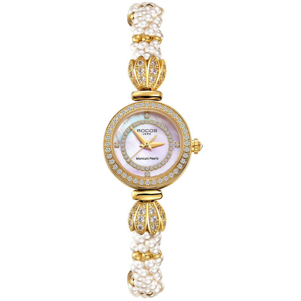 ROCOSJEWE R0262 Bracelet Watches for Women,Fashion Gold Dress Watch,Women's Pearl Bracelet Watch,Dazzling/Pink Dial,Adjustable Stainless Strap,Waterproof,Gift for Women