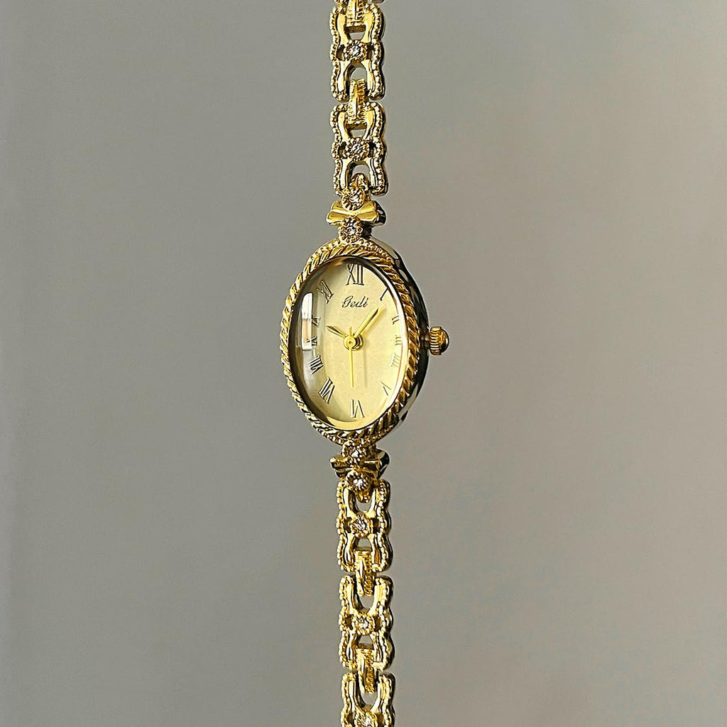 Gosasa Small Gold Watches for Women Vintage Dainty Oval Roman Numeral Dial Analog Slim Bracelet Alloy Band Water Resistant Dress Wrist Watch Elegant Gift