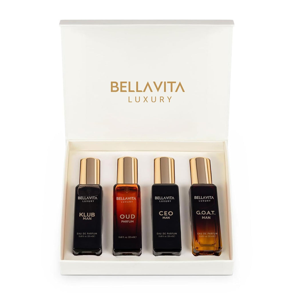 BellaVita Luxury Men's Perfume Gift Set with CEO Man, G.O.A.T., KLUB & OUD | 4 x 20ml (80ml) | Long Lasting Perfume for Men | Citrus, Woody, Patchouli & Caramel Notes | Gift for Father's Day