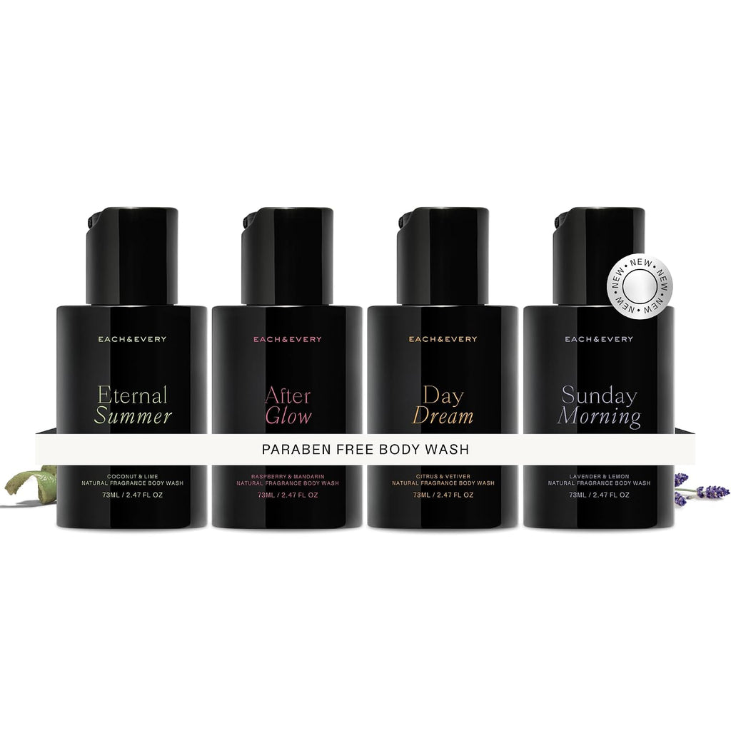 Each & Every Mini Body Wash Travel Set - 4 Natural Fragrance Shower Gels - Ceramides, Lactic Acid AHA & Moringa Oil - Day Dream, After Glow, Sunday Morning & Eternal Summer