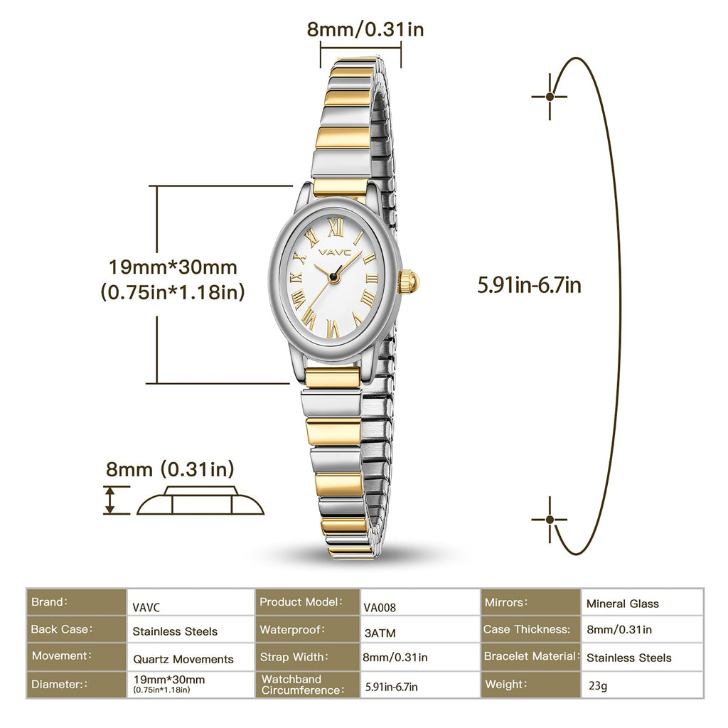 Small Gold Watches for Women,Analog Womens Watch with Stainless Steel Expansion Band,Oval Case Roman Dial,Water Resistant