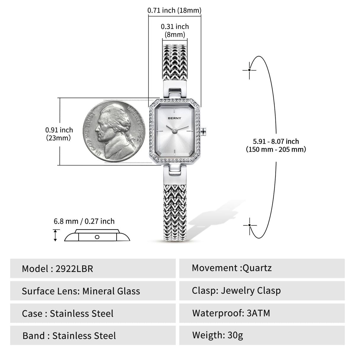 BERNY Silver Watches for Women Ladies Wrist Watch and Bracelet Set Dainty Quartz Bracelet Watch Premium Crystal Accented Fashion Luxury Birthday Present for Women
