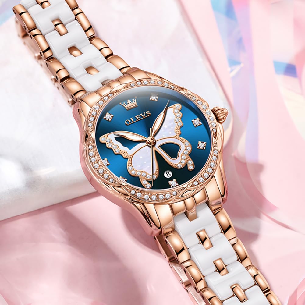 OLEVS Watches for Women Rose Gold Two Tone Fashion White Ceramic Ladies Wrist Watches Pink/Red Dial Stainless Steel Waterproof Date