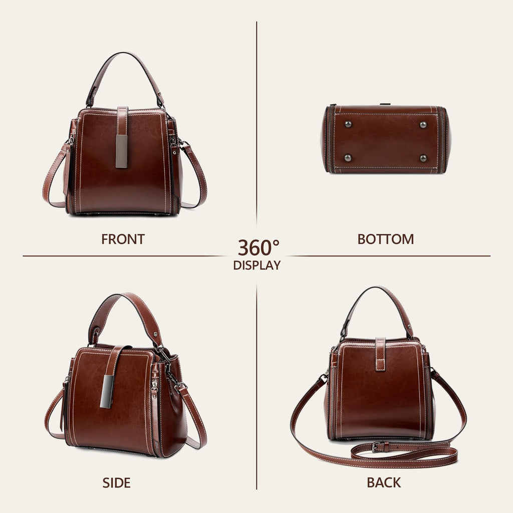 Genuine Leather Bucket Crossbody Shoulder Purse for Women | Scratch-Resistant Cowhide, 5 Pockets, Magnetic Snap, Silver Hardware, 3-Way Carry, Lightweight, Ideal Gift