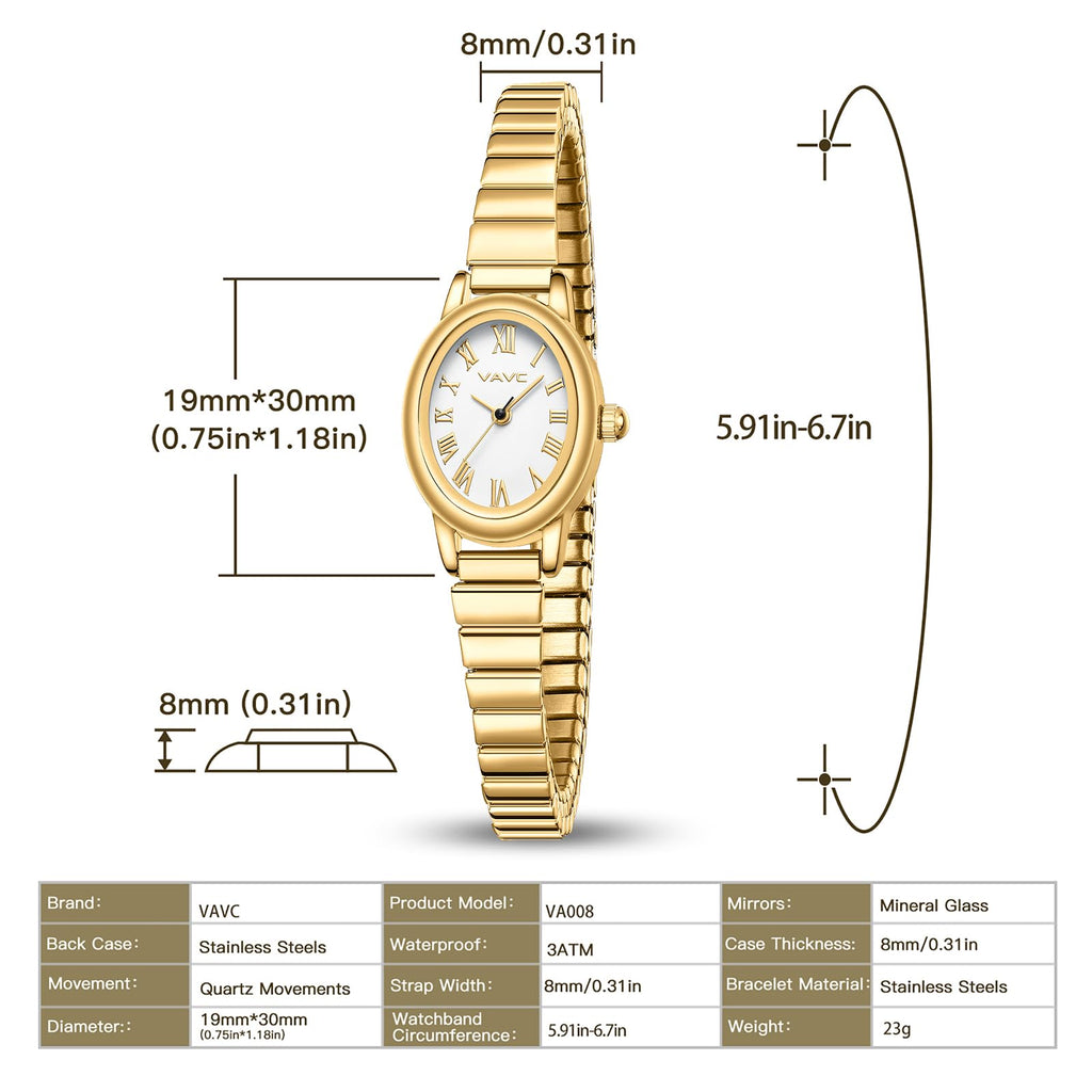 Small Gold Watches for Women,Analog Womens Watch with Stainless Steel Expansion Band,Oval Case Roman Dial,Water Resistant