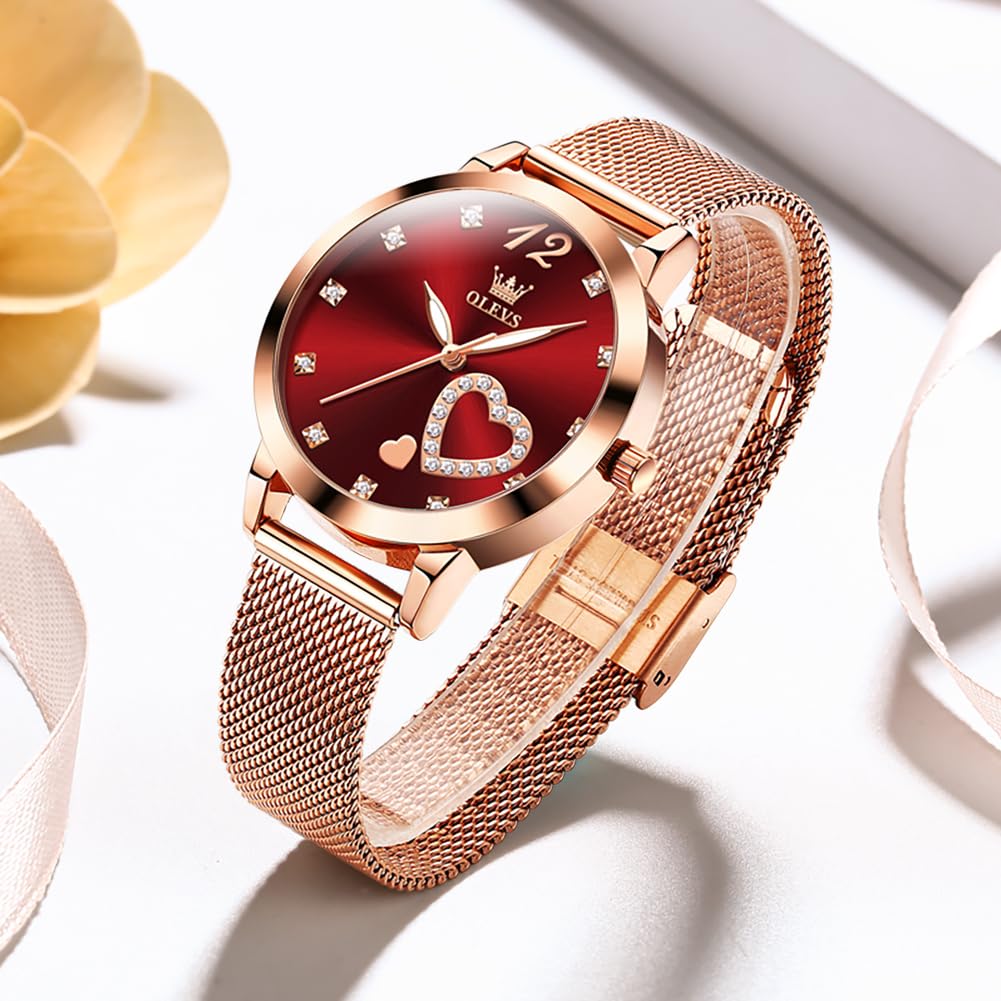 OLEVS Women's Watch Luxury Dress Rose Gold Women Slim Thin Lightweight Watch Stainless Steel Mesh Watches Fashion Waterproof Ladies Wrist Watch Black White Blue Face,Adjustable Bracelet