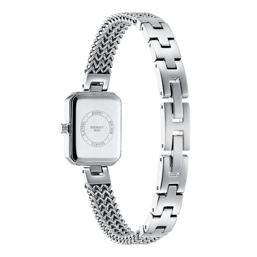 BERNY Silver Watches for Women Ladies Wrist Watch and Bracelet Set Dainty Quartz Bracelet Watch Premium Crystal Accented Fashion Luxury Birthday Present for Women