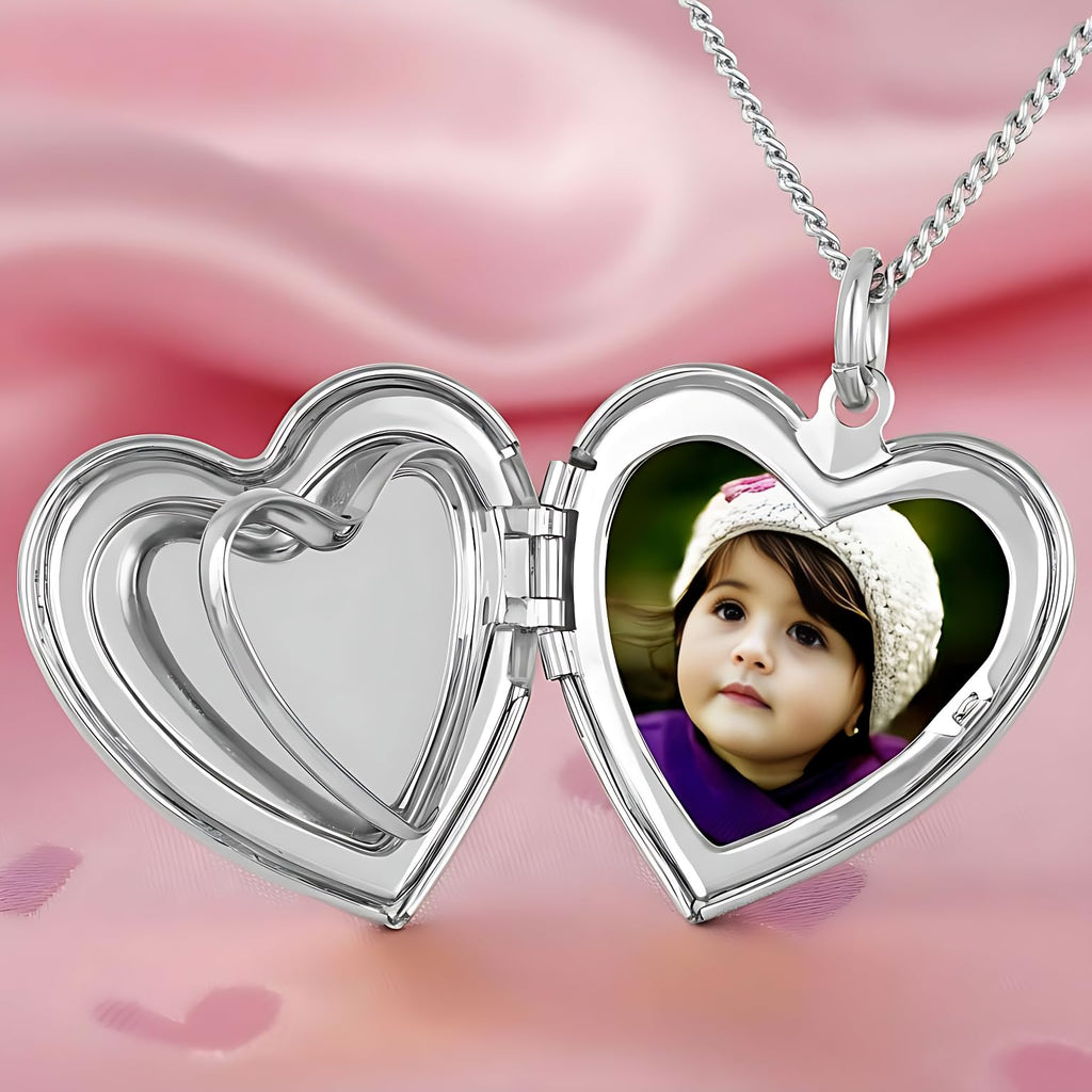 UNCLE LOL Vintage Silver Heart Locket Necklace – Engraved Photo Pendant for Women