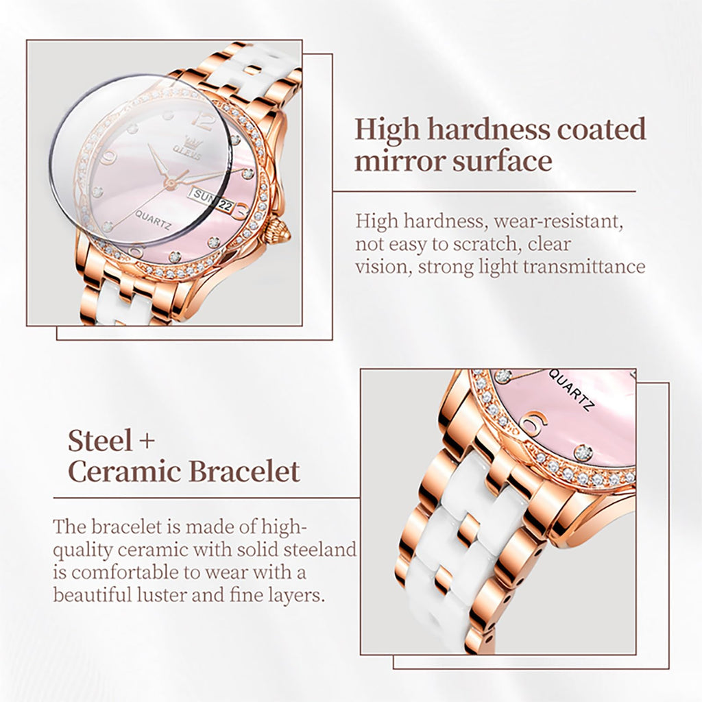 OLEVS Women's Watch Ceramic Band Waterproof Dress Watch Analog Quartz Watches Elegant Luxury Comfortable Wrist Watches with Date Day & Diamond White/Pink/Black Dial Gift for Her Reloj para Mujer