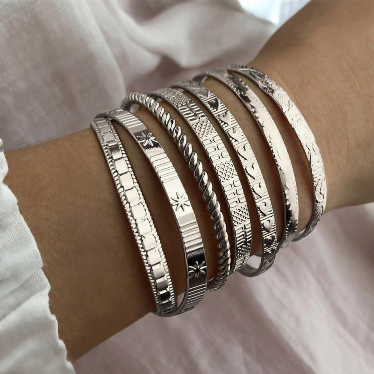 IFKM Gold Bangle Bracelets For Women, 14k Gold Plated Multi Layer Stackable Cuff Bracelet Set, Trendy Elegance Charms Non Tarnish Minimalist Textured Boho Jewelry Gift for Women