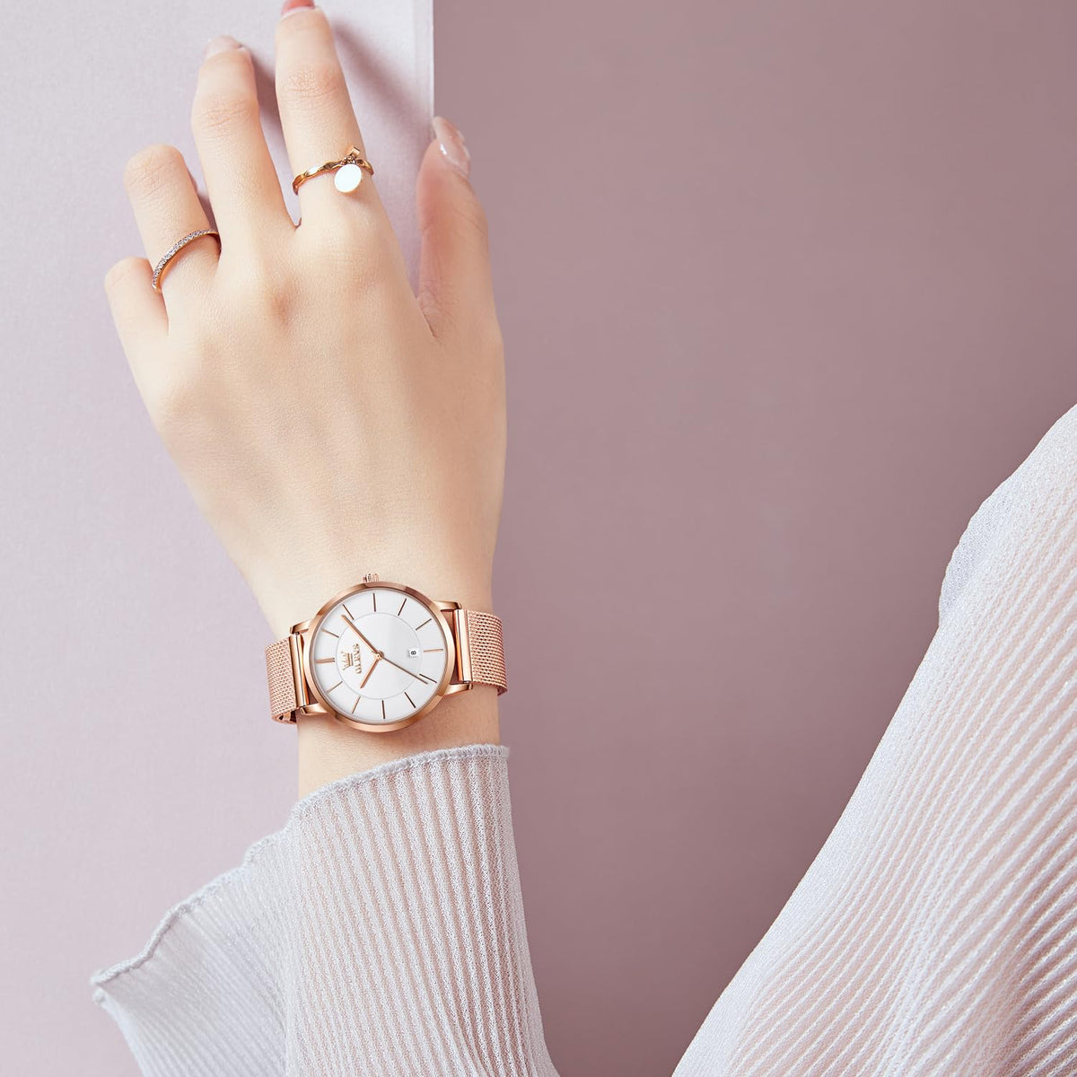OLEVS Women's Watch Luxury Dress Rose Gold Women Slim Thin Lightweight Watch Stainless Steel Mesh Watches Fashion Waterproof Ladies Wrist Watch Black White Blue Face,Adjustable Bracelet