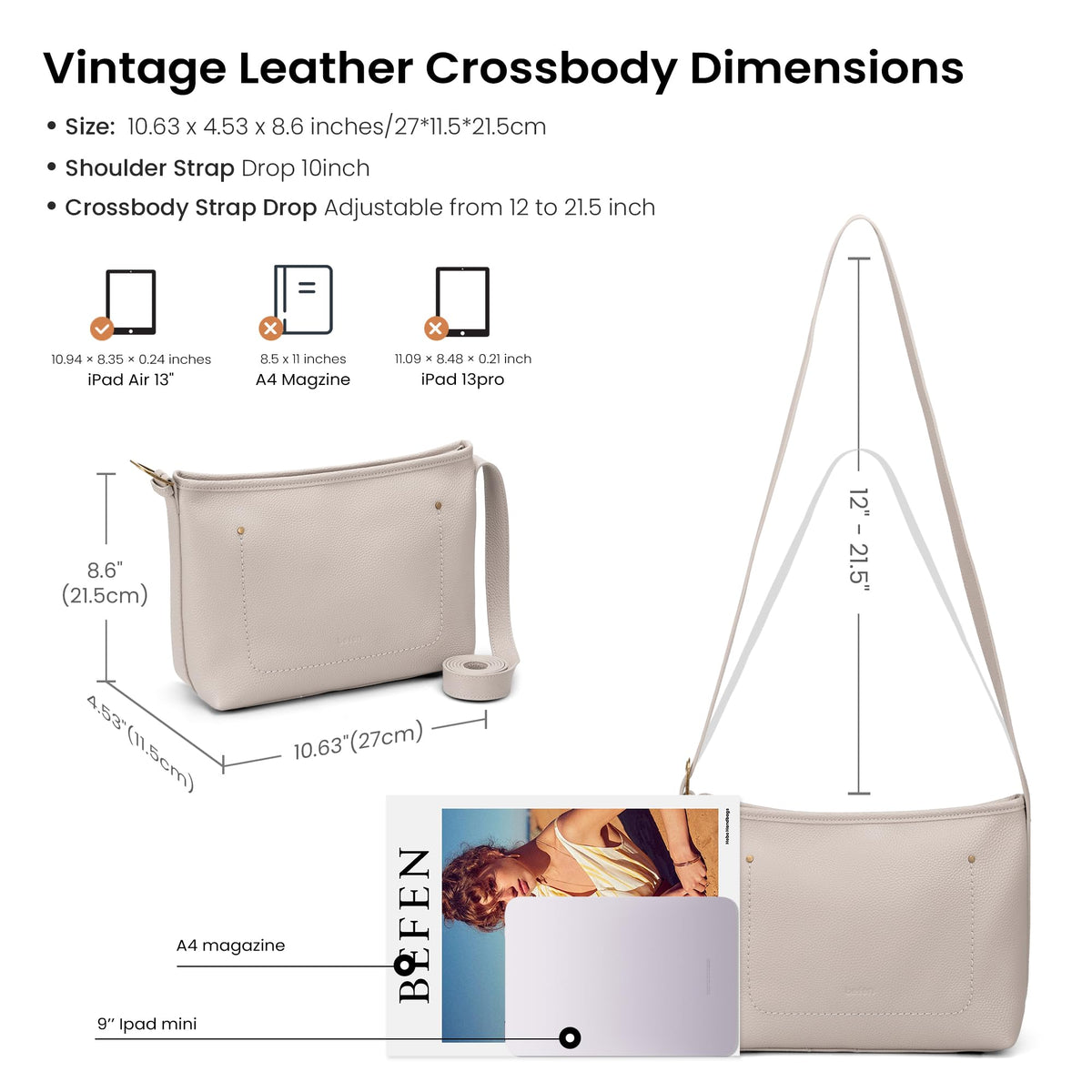 befen Genuine Leather Purses for Women, RFID Medium Leather Crossbody Bags Shoulder Purse Handbags