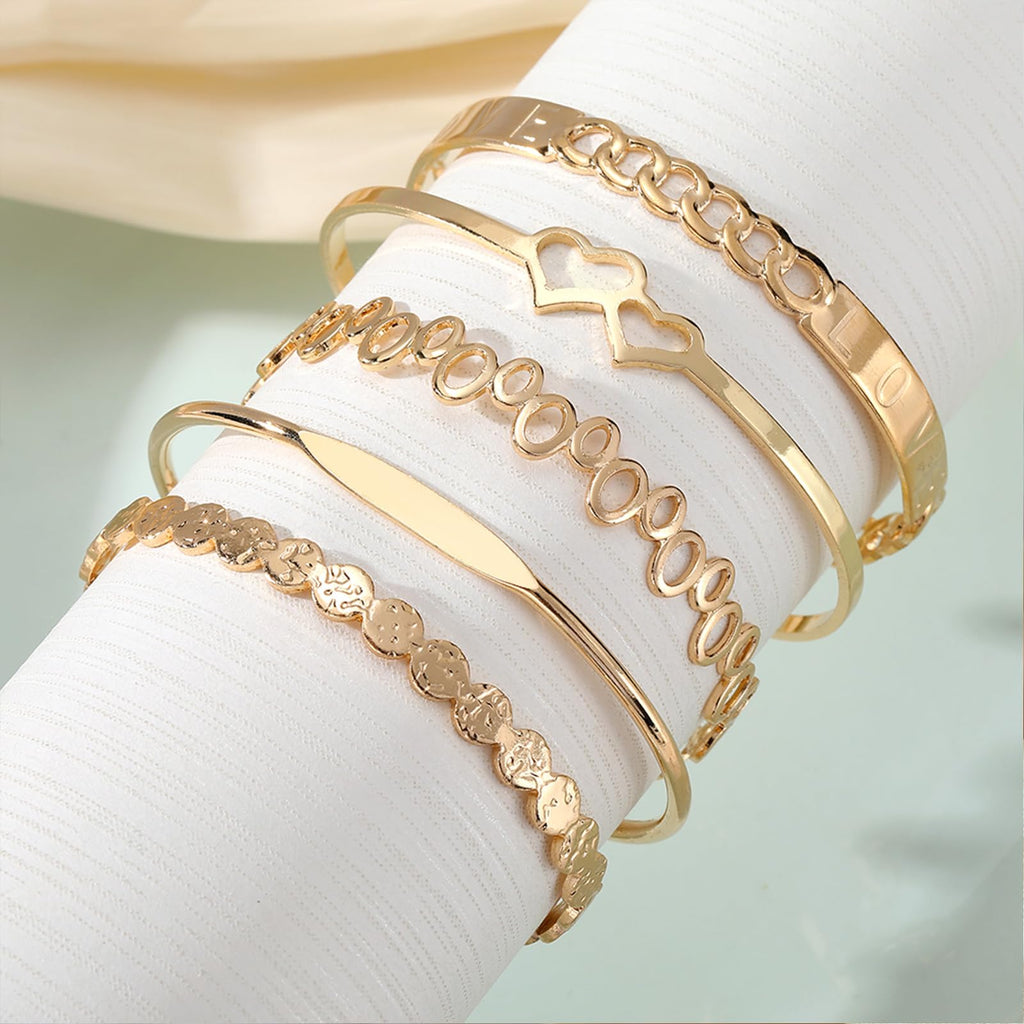IFKM Gold Bangle Bracelets For Women, 14k Gold Plated Multi Layer Stackable Cuff Bracelet Set, Trendy Elegance Charms Non Tarnish Minimalist Textured Boho Jewelry Gift for Women