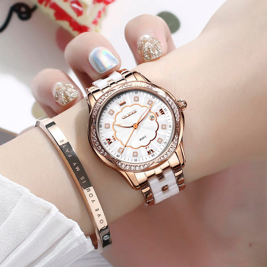 OLEVS Women's Watch Ceramic Band Waterproof Dress Watch Analog Quartz Watches Elegant Luxury Comfortable Wrist Watches with Date Day & Diamond White/Pink/Black Dial Gift for Her Reloj para Mujer