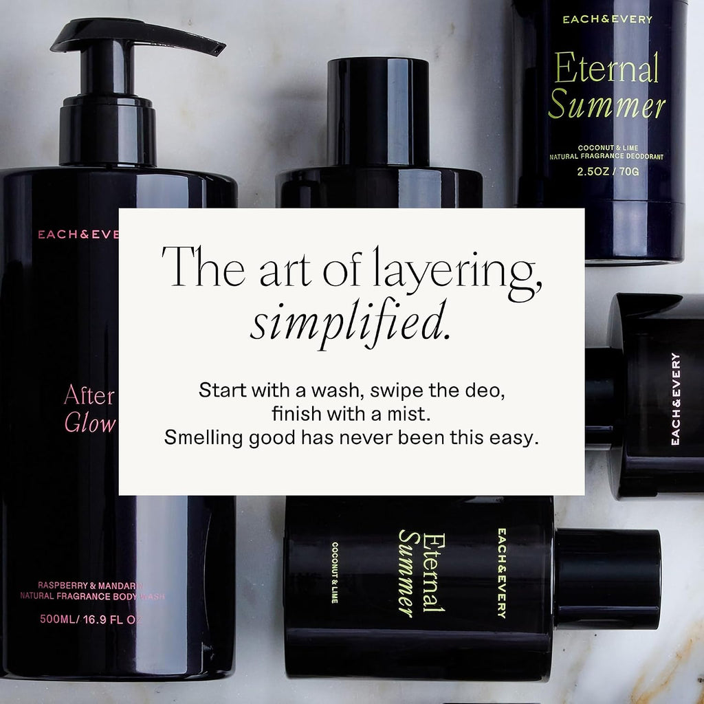 Each & Every Eternal Summer Trio - Body Wash 16.5 Fl Oz, Hair & Body Mist, Aluminum Free Deodorant 2.5 oz, Hydrating Cleanse, Odor Protection & Fresh Coconut & Lime Scent