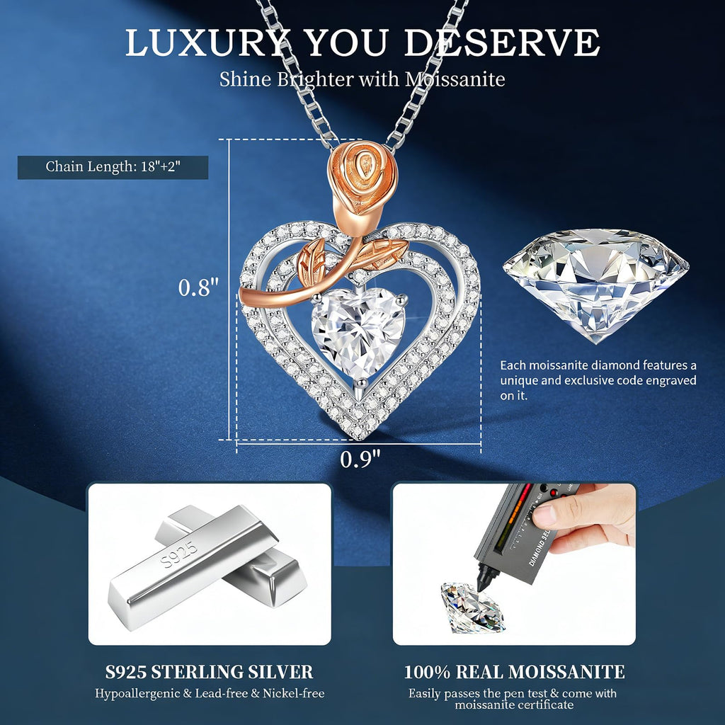 Luxury Moissanite Heart Necklace for Women – 925 Sterling Silver Heart Pendant, Sparkling Jewelry Gift for Wife, Girlfriend, Mom & Daughter