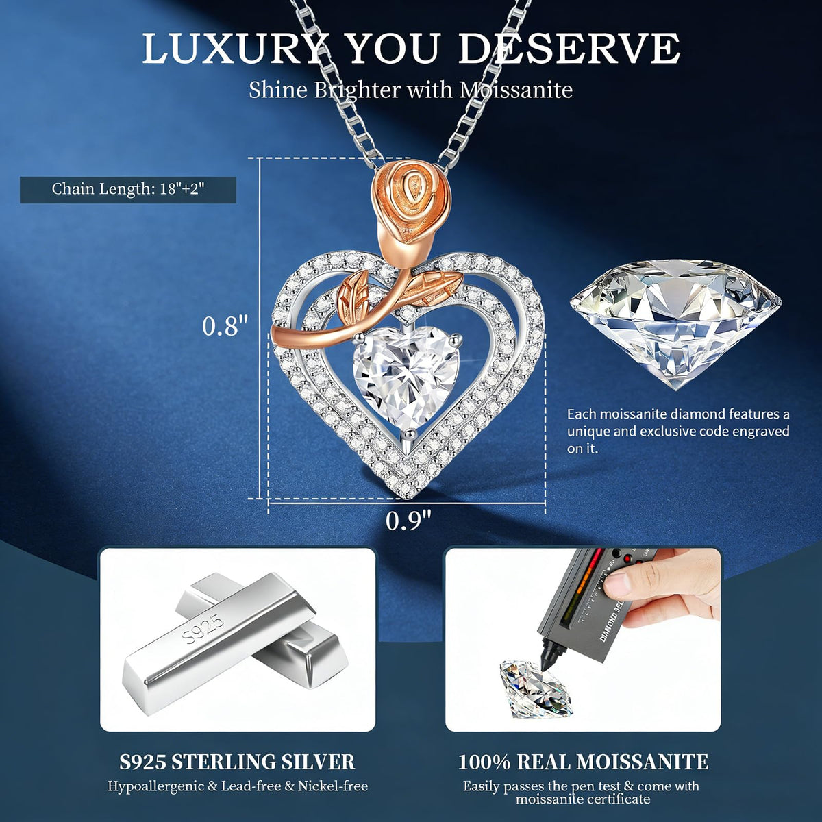 Luxury Moissanite Heart Necklace for Women – 925 Sterling Silver Heart Pendant, Sparkling Jewelry Gift for Wife, Girlfriend, Mom & Daughter