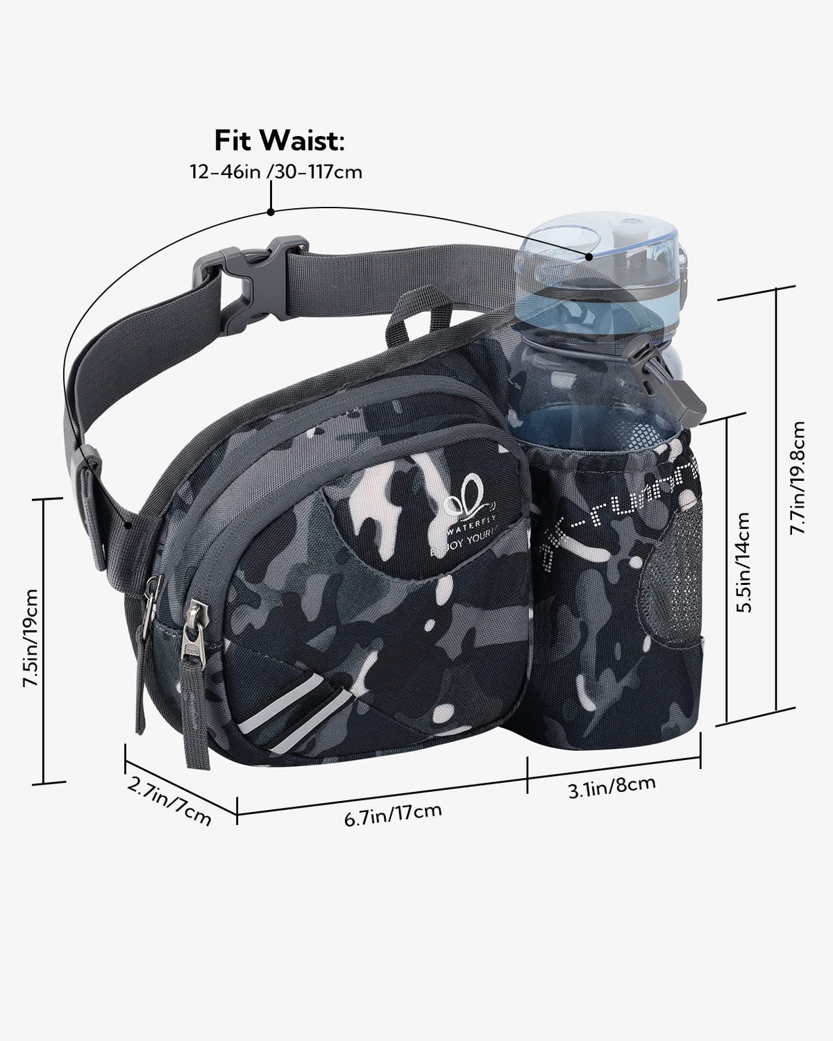 WATERFLY Fanny Pack Waist Bag: Waist Pack for Women Men with Water Bottle Holder Hiking Fanny Pack for Running Walking DogWalking Travel Cycling