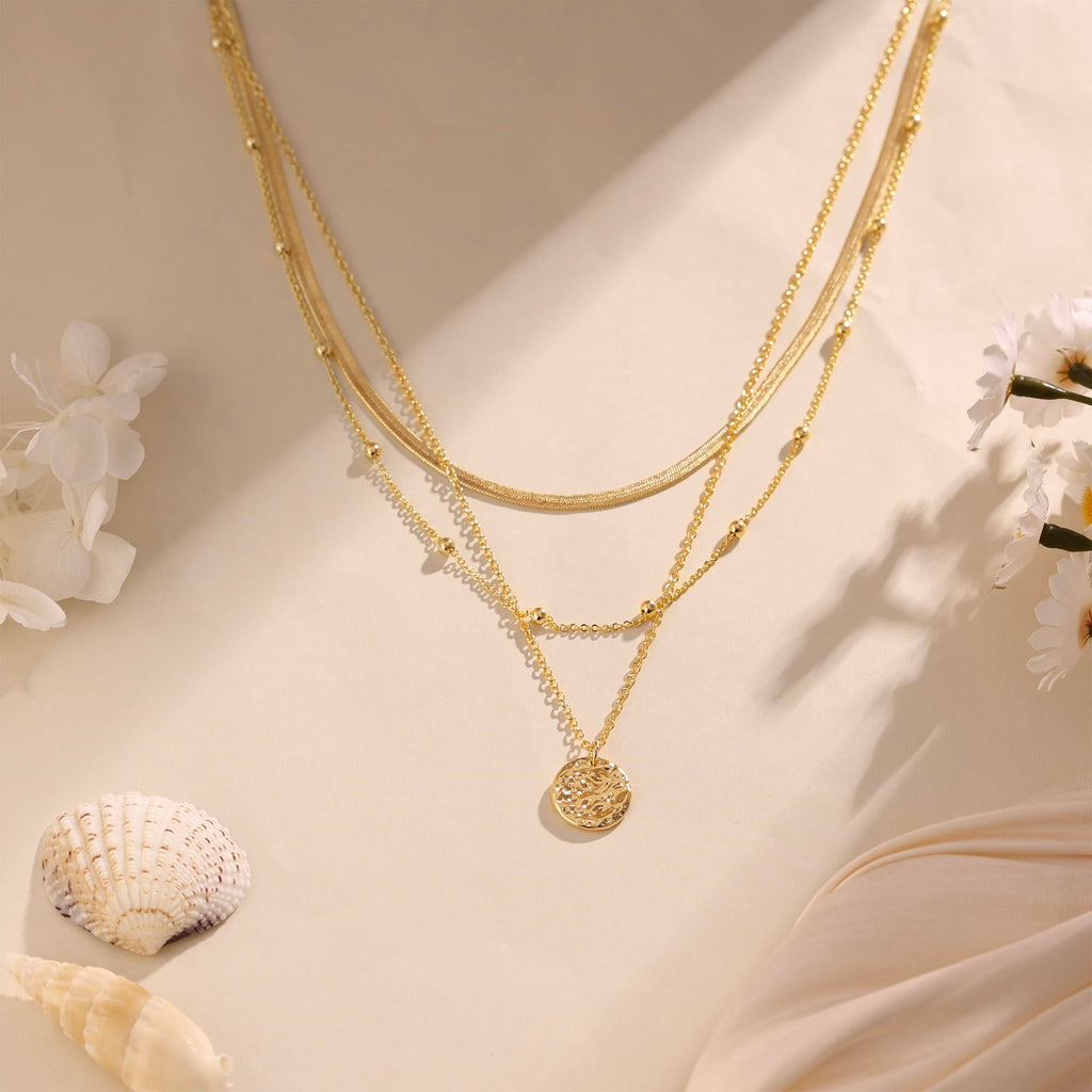 Layered Necklaces for Women, Dainty 14K Gold Plated Circle Peadant Chain Necklace Set Simple Paperclip Stacked Necklaces for Women Trendy Gold Jewelry
