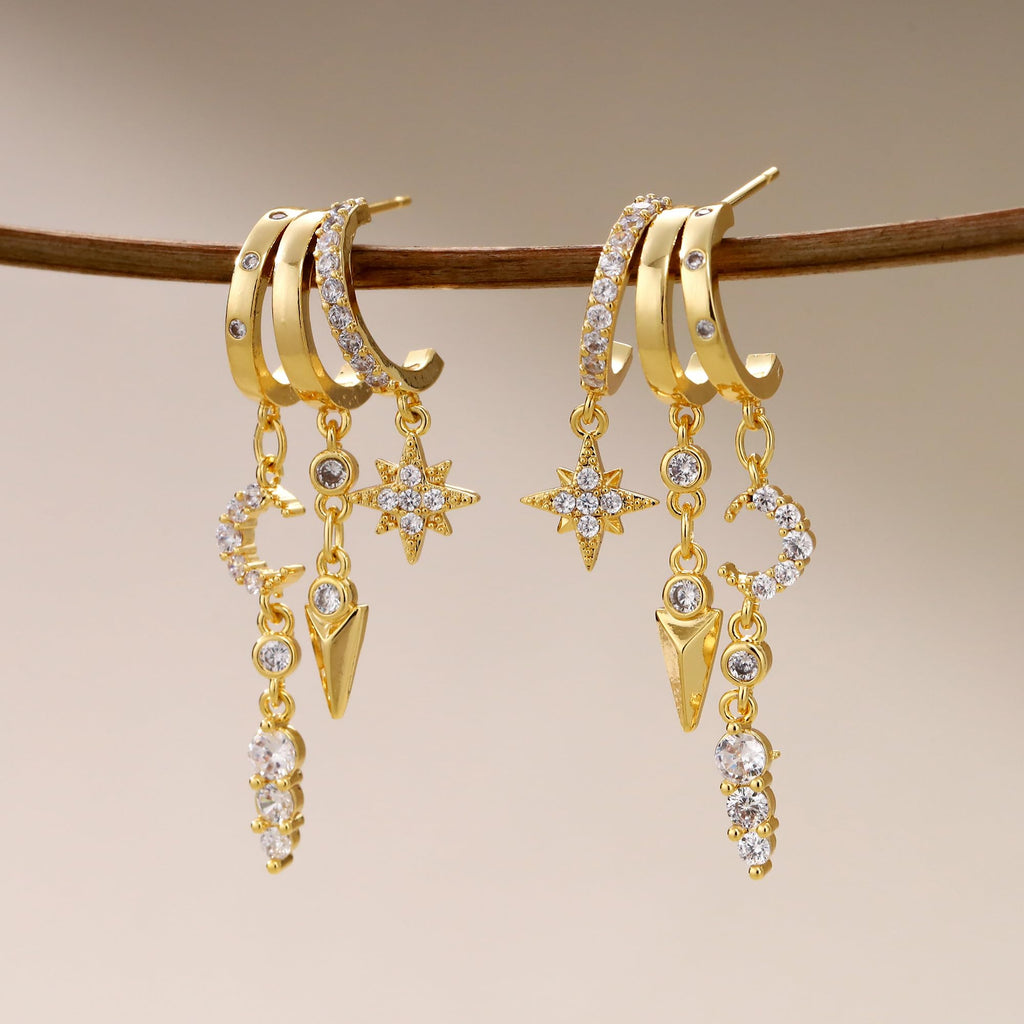 Gold Dangle Earrings for Women, 14k Gold Plated Stacked Triple Hoop Illusion Earrings Cubic Zirconia Huggie Earrings for Women Trendy