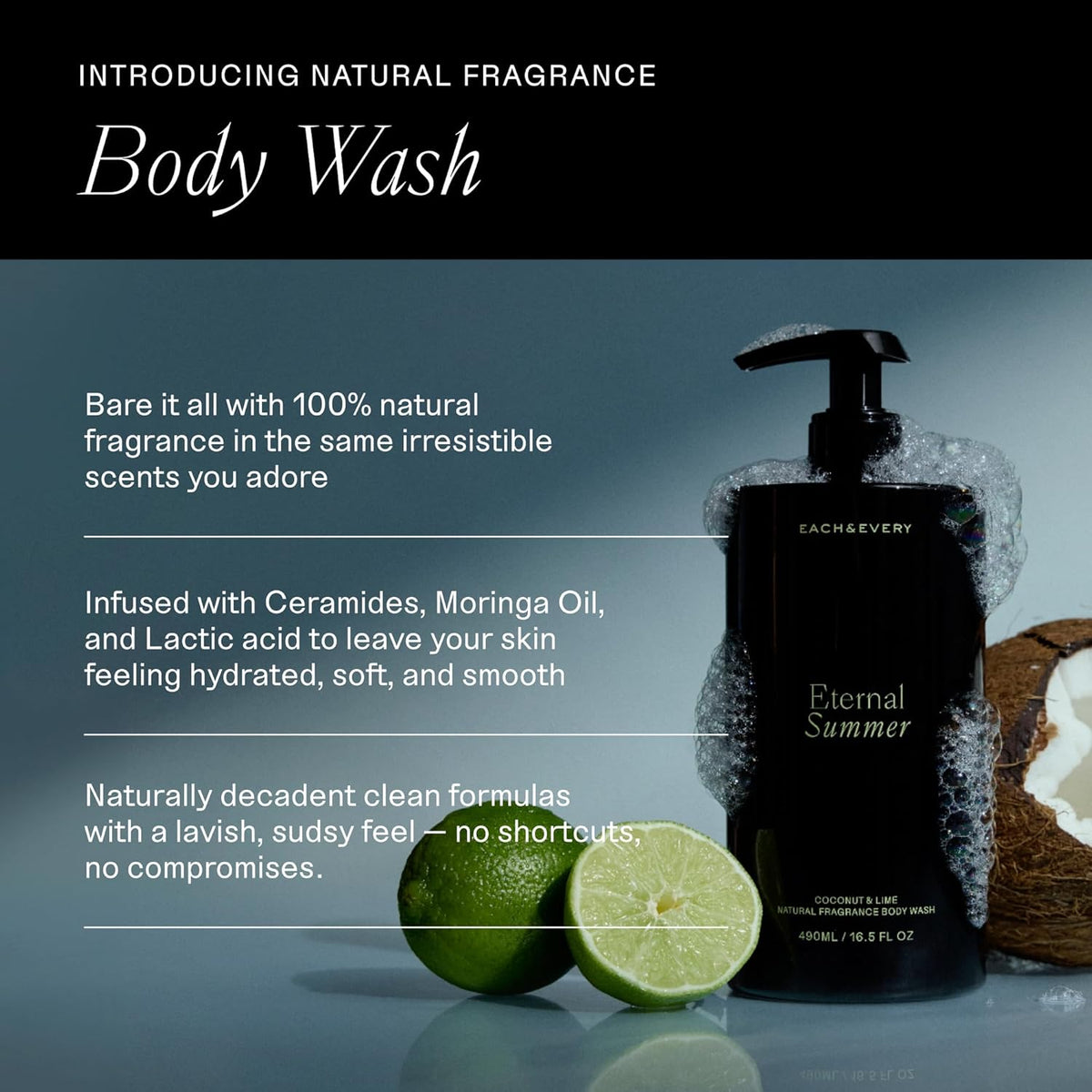 Each & Every Eternal Summer Trio - Body Wash 16.5 Fl Oz, Hair & Body Mist, Aluminum Free Deodorant 2.5 oz, Hydrating Cleanse, Odor Protection & Fresh Coconut & Lime Scent