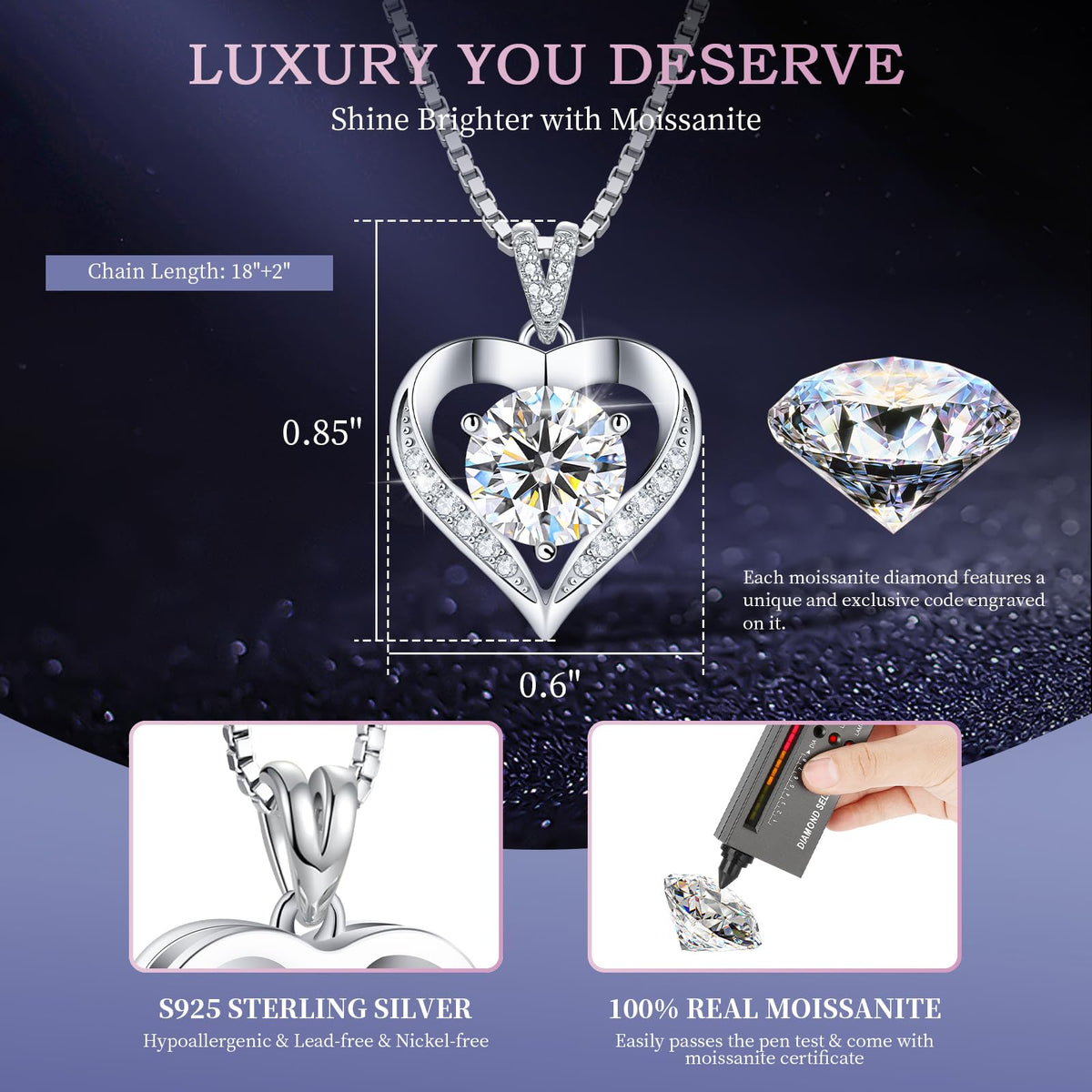 Luxury Moissanite Heart Necklace for Women – 925 Sterling Silver Heart Pendant, Sparkling Jewelry Gift for Wife, Girlfriend, Mom & Daughter