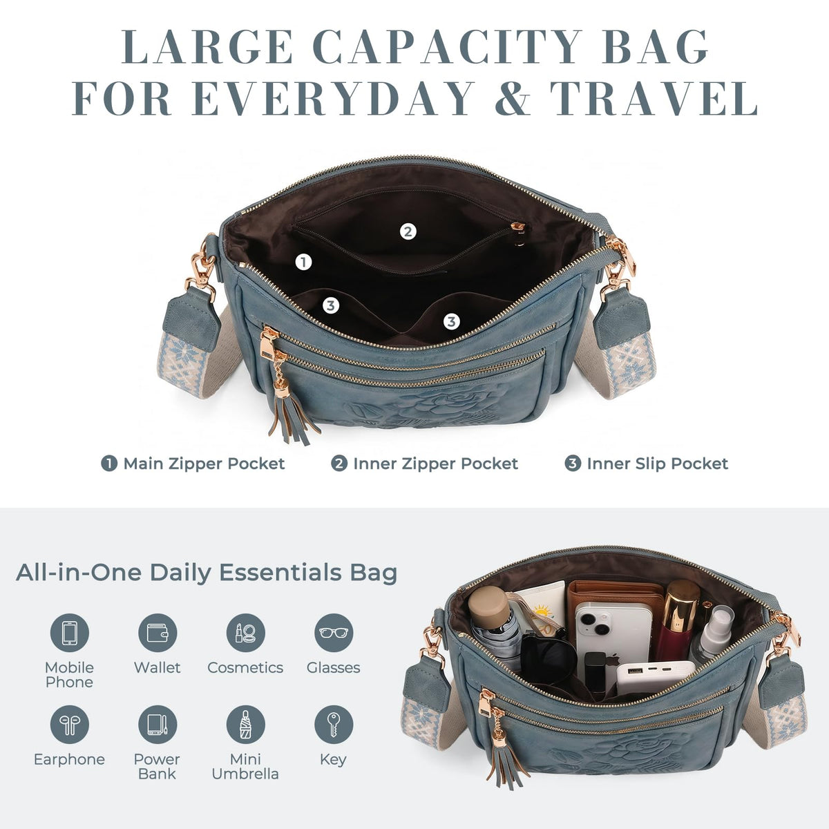 Crossbody Bags for Women, Vegan Leather Crossbody Purse, Multiple Pocket Daily Travel Shoulder Bag with Boho Strap
