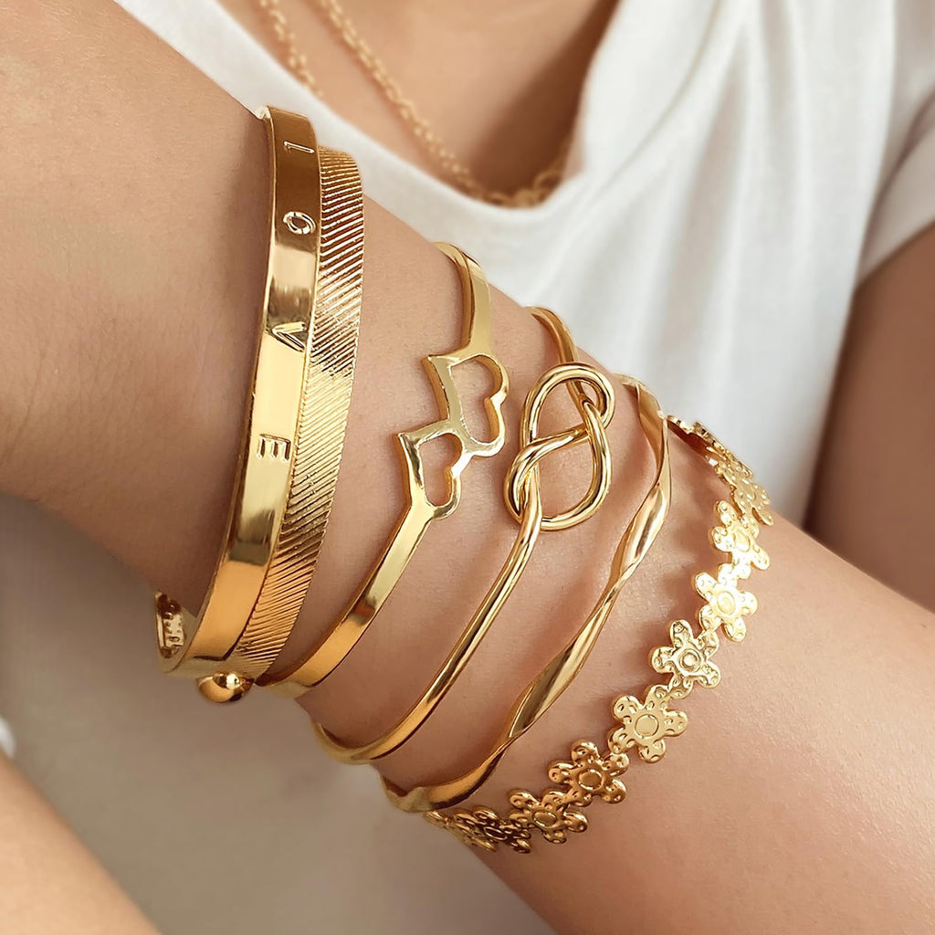 IFKM Gold Bangle Bracelets For Women, 14k Gold Plated Multi Layer Stackable Cuff Bracelet Set, Trendy Elegance Charms Non Tarnish Minimalist Textured Boho Jewelry Gift for Women