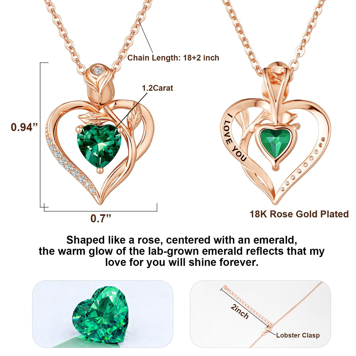Women's Heart Pendant Necklace – 1.2CT Moissanite or Lab-Grown Sapphire, Ruby & Emerald