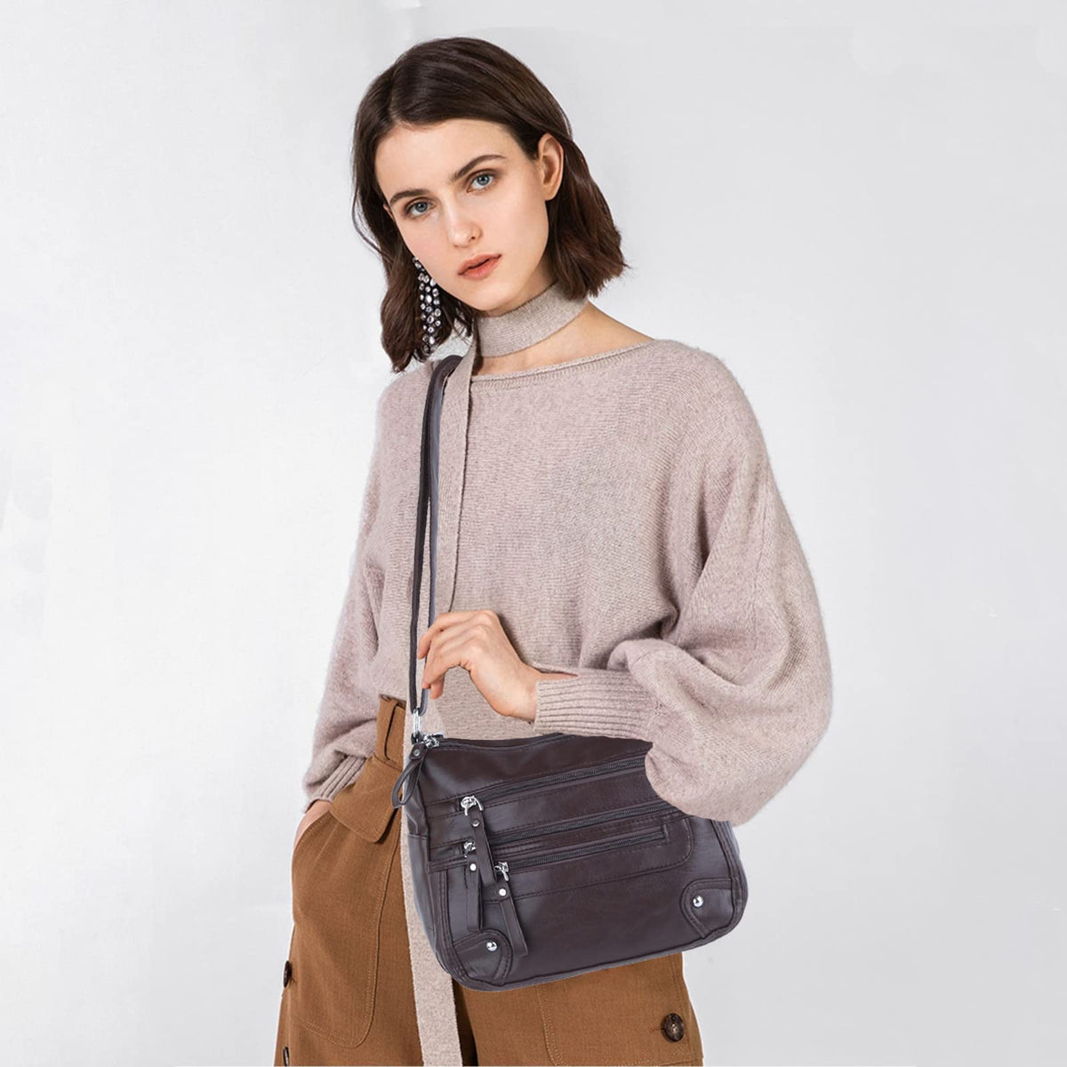 ELDA 10 Pockets Crossbody Purses for Women Medium Pocketbooks Lightweight Ladies Satchel Bag Multi Pocket Shoulder Handbag