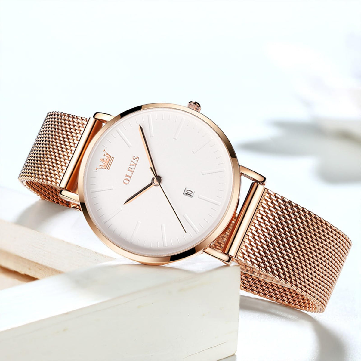 OLEVS Women's Mesh Bracelet Watch, Elegant Large Face Three Hand Analog Quartz Womens Wristwatch, Pretty Slim Date Display Waterproof Ladies Watches for Small Wrists