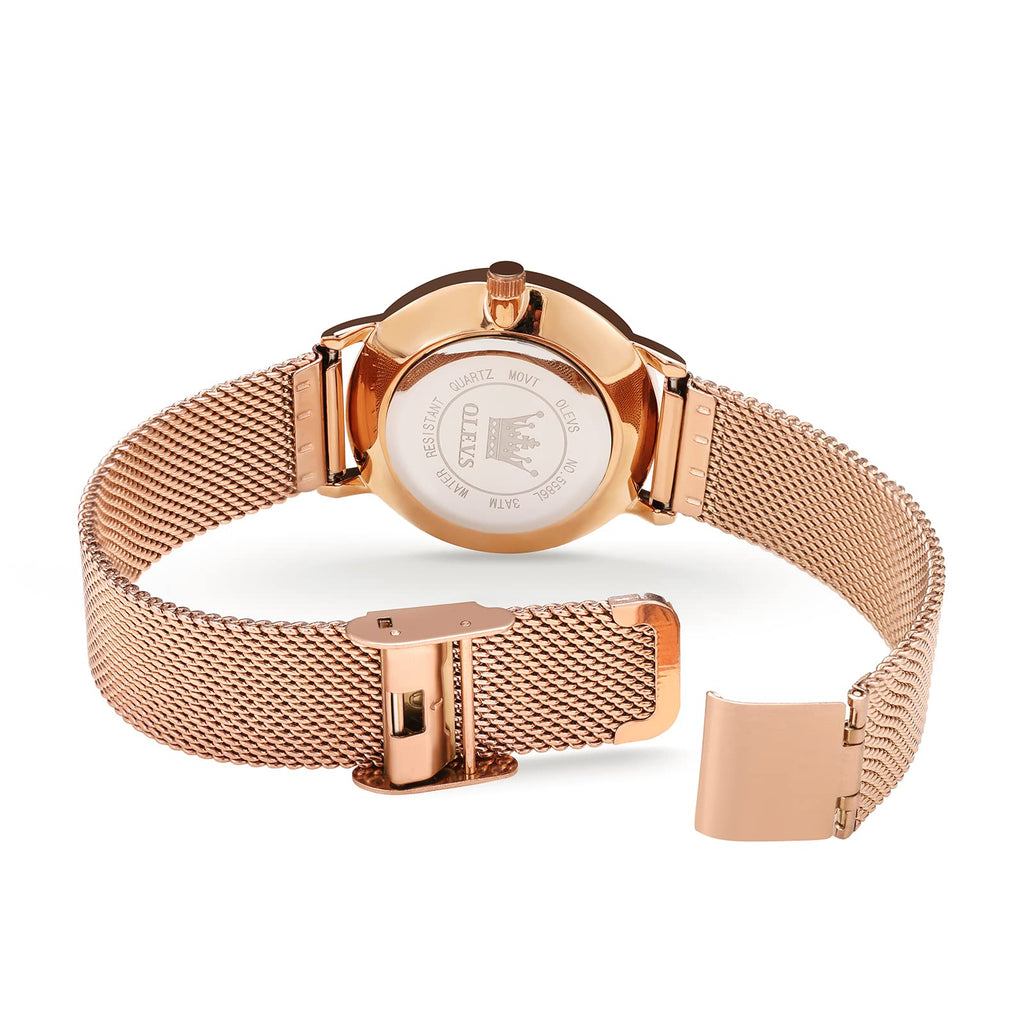 OLEVS Women's Mesh Bracelet Watch, Elegant Large Face Three Hand Analog Quartz Womens Wristwatch, Pretty Slim Date Display Waterproof Ladies Watches for Small Wrists