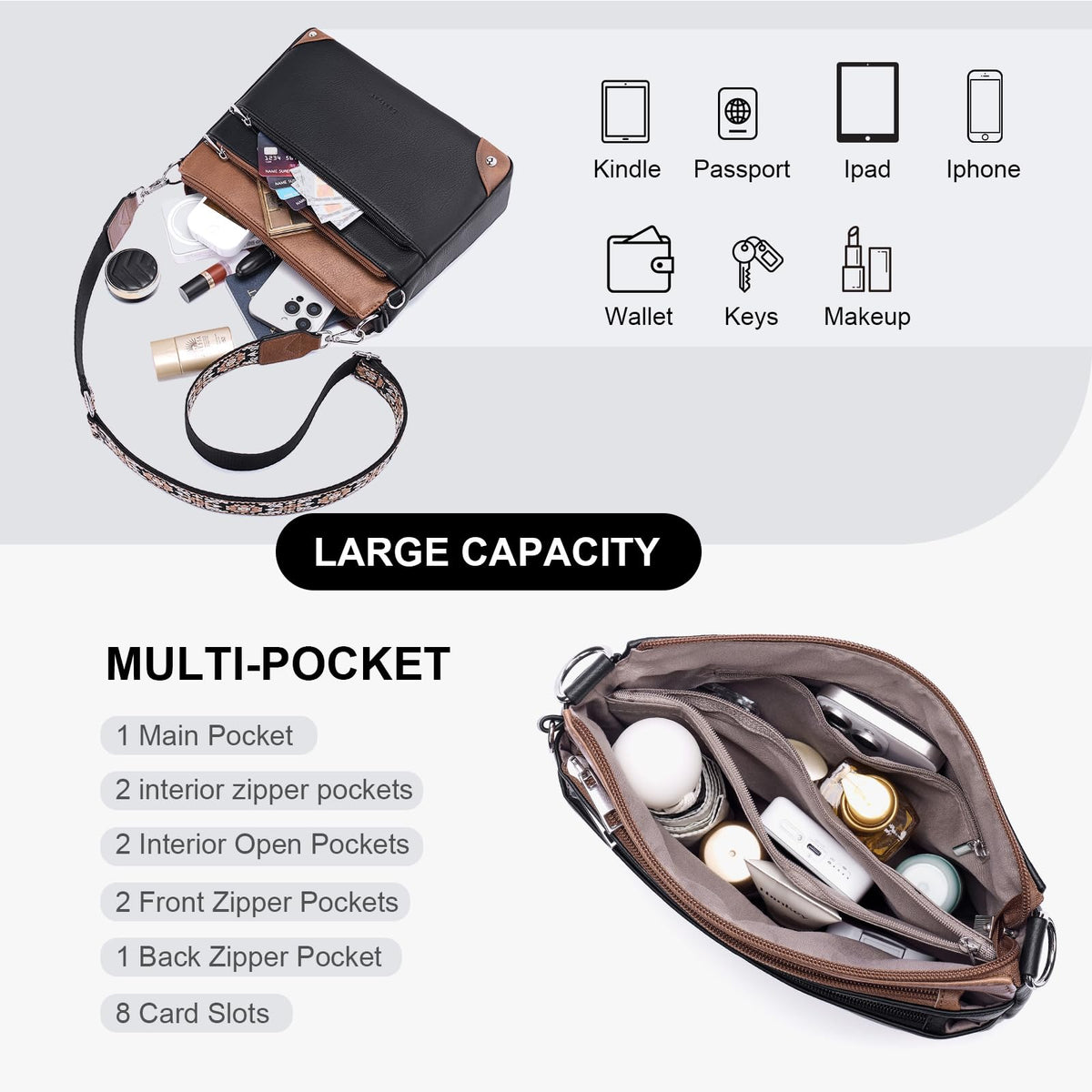 Crossbody Bags for Women Rfid Travel Crossbody Purses Leather Handbags Medium Shoulder bag with Adjustable Strap