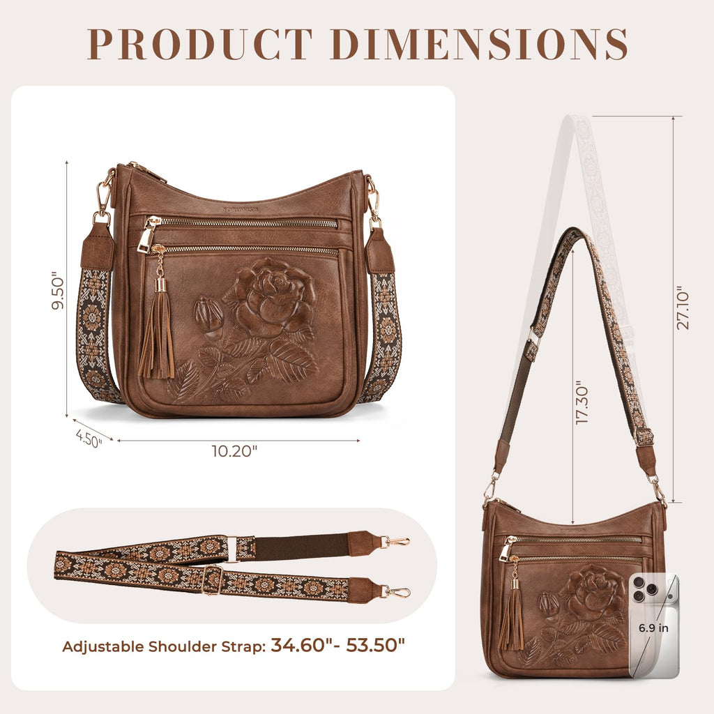 Crossbody Bags for Women, Vegan Leather Crossbody Purse, Multiple Pocket Daily Travel Shoulder Bag with Boho Strap