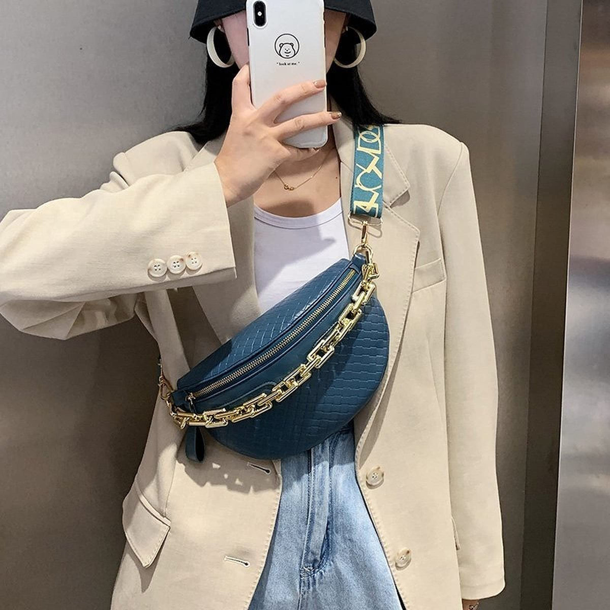 Thick Chain Women's Fanny Pack Plaid leather Waist Bag Shoulder Crossbody Chest Bags Luxury Designer Handbags Female Belt Bag