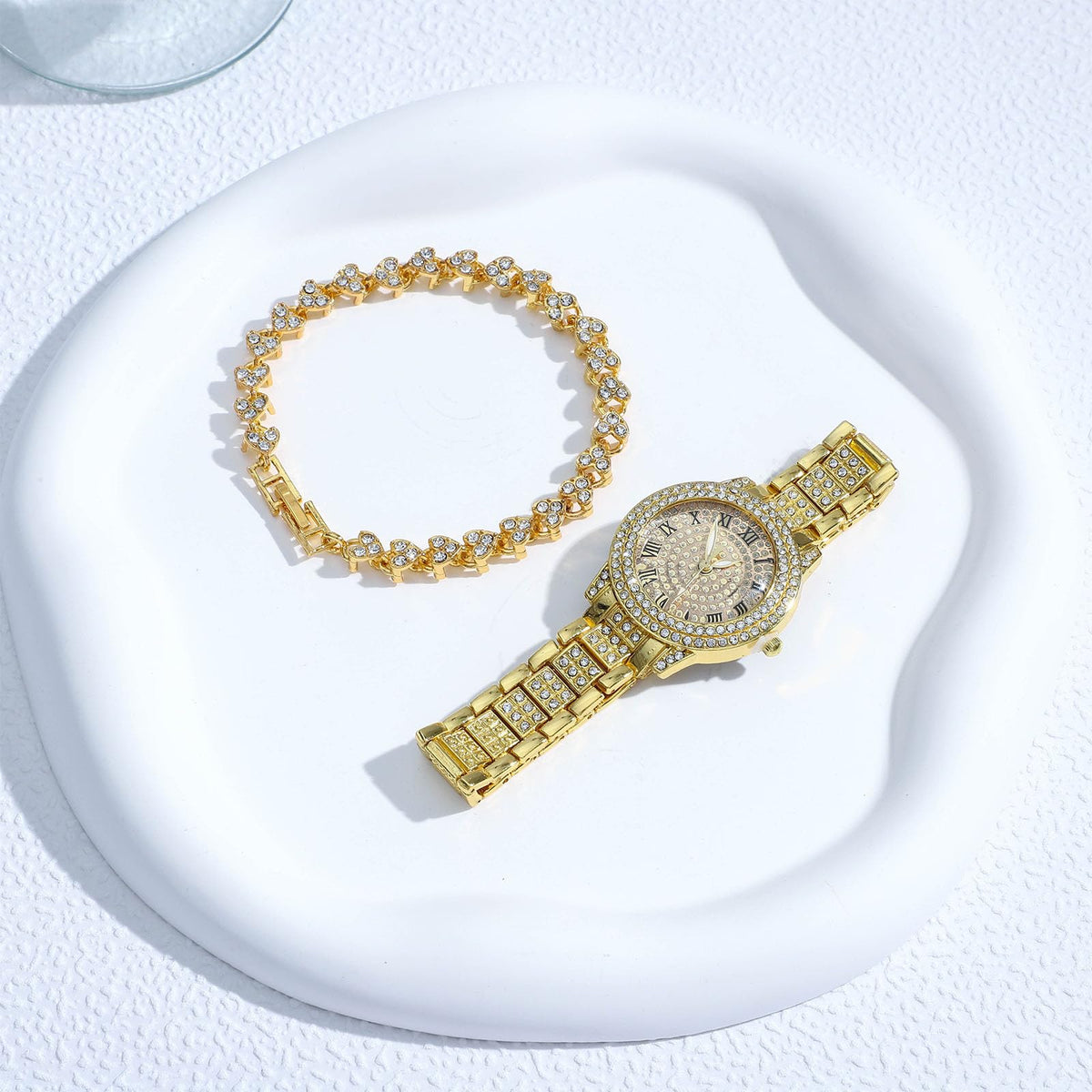 NEWITIN 2 Pieces Women Diamond Watch Bracelet Set Luxury Fashion Jewelry Cubic Zirconia Wristwatch Bracelet Gold Watch Jewelry Set for Women
