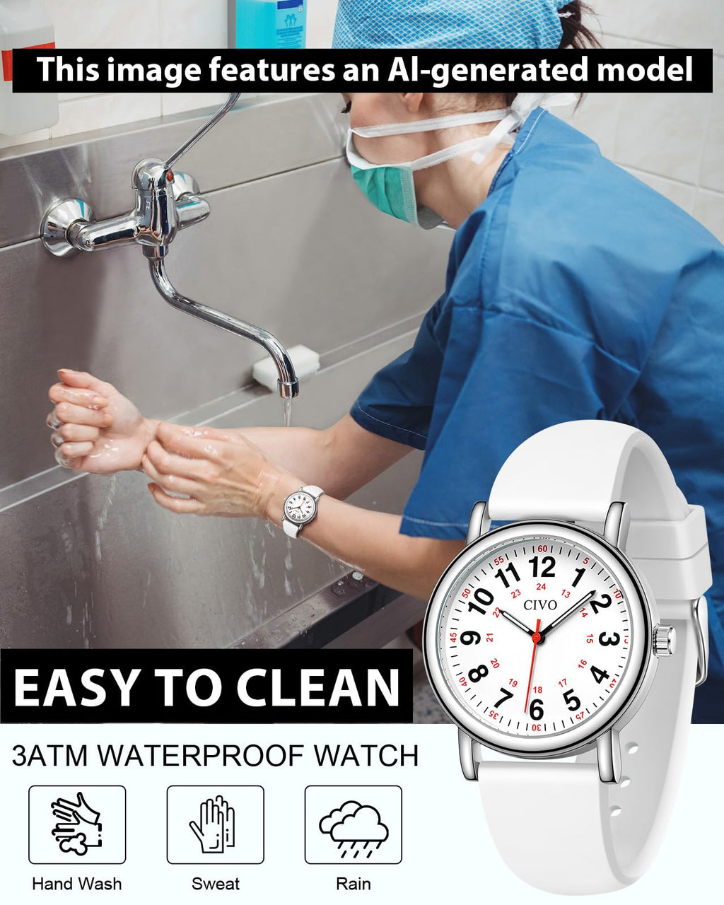 CIVO Nurse Watches for Women Men: Analog Waterproof Watch with Easy Read Dial Second Hand - Gifts for Nurses Medical Student Doctors