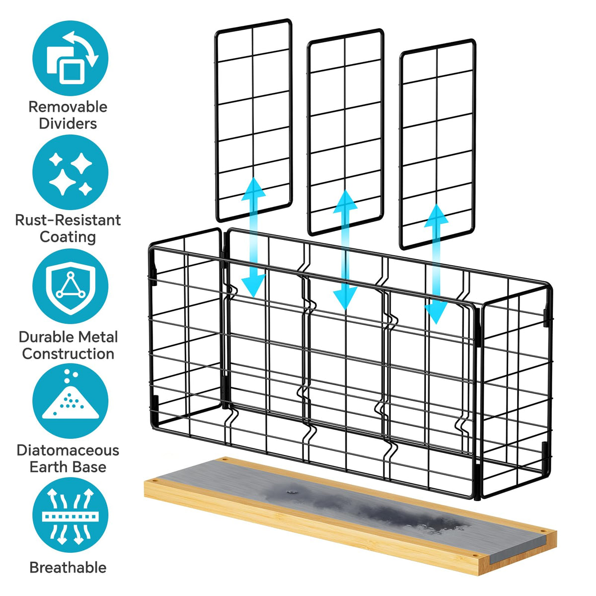 Metal Kitchen Utensil Holder with 4 Adjustable Compartments & Fast-Drying Base