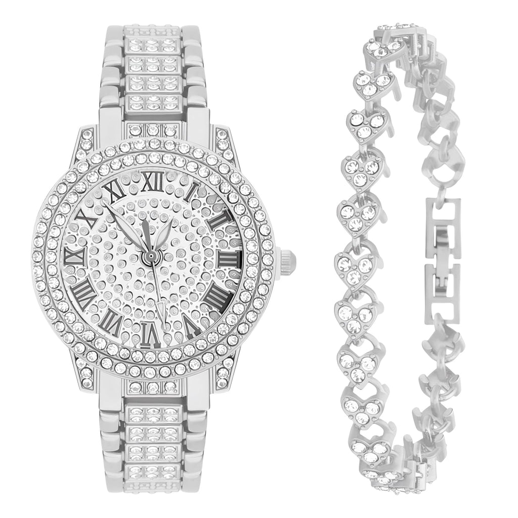 NEWITIN 2 Pieces Women Diamond Watch Bracelet Set Luxury Fashion Jewelry Cubic Zirconia Wristwatch Bracelet Gold Watch Jewelry Set for Women