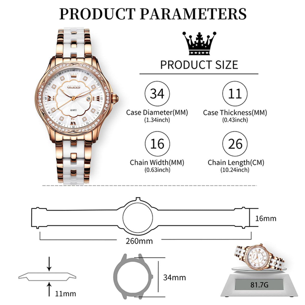 OLEVS Women's Watch Ceramic Band Waterproof Dress Watch Analog Quartz Watches Elegant Luxury Comfortable Wrist Watches with Date Day & Diamond White/Pink/Black Dial Gift for Her Reloj para Mujer